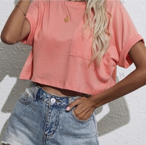 SHEIN Batwing Sleeve Pocket Patched Crop Tee Coral Pink Size Medium NWOT - Picture 1 of 16